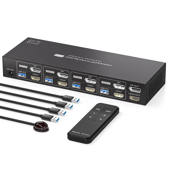NÖRDIC KVM 4x2 Switch 4PC till Dual Monitor HDMI & DP 8K60Hz med 1x3.5mm och 4xUSB-A