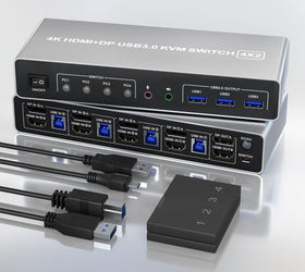 NÖRDIC KVM 4x2 Switch 4PC till Dual Monitor HDMI & DP 4K60Hz med 2x3.5mm och 3xUSB-A