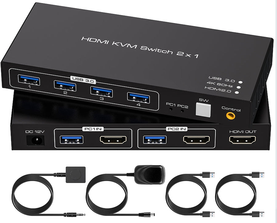 NÖRDIC KVM-switch 2 till 1 HDMI 2.0 4K60Hz för PC, Xbox, PS5 och bärbar dator med 4×USB 3.0-portar