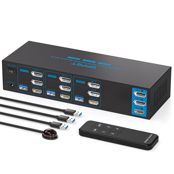 NÖRDIC KVM Switch 3 Computers to3 Monitors 4xUSB3.0 2xDP 1xHDMI 8K30Hz with wireless controller