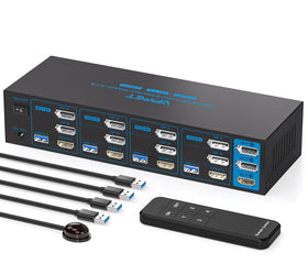 NÖRDIC KVM Switch 4 Computers to3 Monitors 4xUSB3.0 2xDP 1xHDMI 8K30Hz with wireless controller
