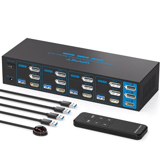 NÖRDIC KVM Switch 4 Computers to3 Monitors 4xUSB3.0 2xDP 1xHDMI 8K30Hz with wireless controller