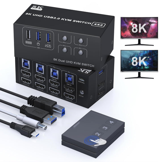NÖRDIC KVM Switch 4 till 2 HDMI 2.1 8K@60Hz 4K@120Hz 4xUSB-A