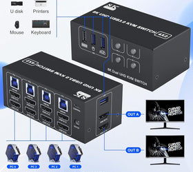 NÖRDIC KVM Switch 4 till 2 HDMI 2.1 8K@60Hz 4K@120Hz 4xUSB-A