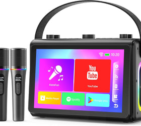 NÖRDIC Karaoke-maskin, inbyggd 10,1" HD-lyricsskärm, stöd för WiFi, Bluetooth, HDMI, USB och MicroSD, med 2 trådlösa mikrofoner för hemmafest