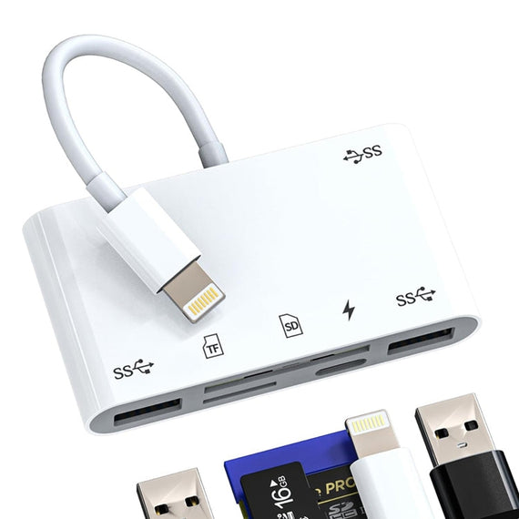 NÖRDIC Lightning Kortläsare 2 Slot SD, MicroSD 3xUSB-A 1xLightning-laddning UHS-I