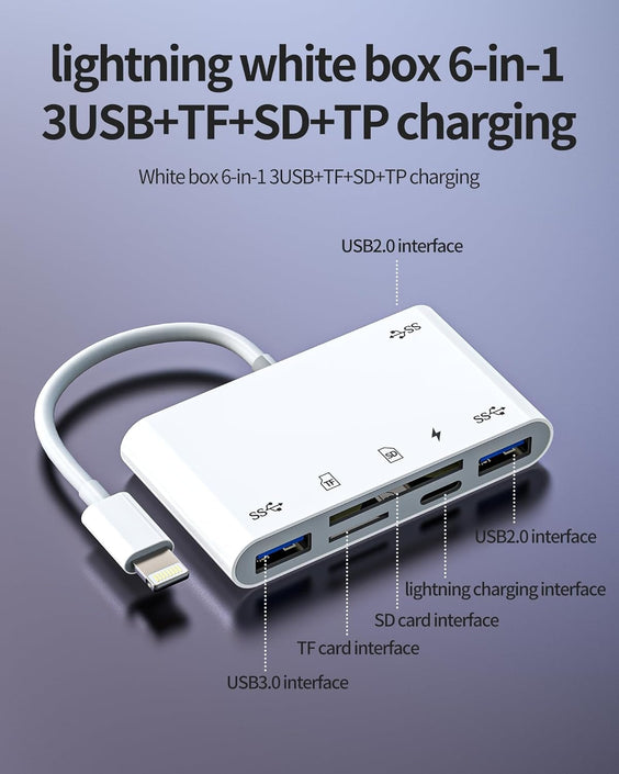 NÖRDIC Lightning Kortläsare 2 Slot SD, MicroSD 3xUSB-A 1xLightning-laddning UHS-I