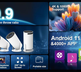 Mini Portable Projector 4K 1080P Full HD Support Android 11 & Netflix - WiFi 6, BT 5.0, 180° Rotation, Home Theater Projector