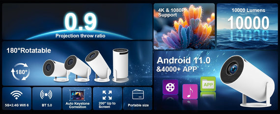 Mini Portable Projector 4K 1080P Full HD Support Android 11 & Netflix - WiFi 6, BT 5.0, 180° Rotation, Home Theater Projector