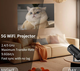 NÖRDIC Mini Portable Projector 4K 1080P Full HD-stöd Android 11 & Netflix – WiFi 6, BT 5.0, 180° rotation, hemmabioprojektor