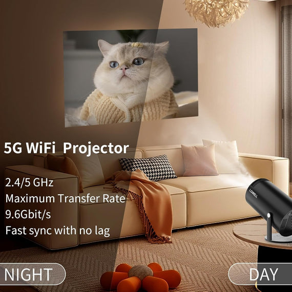 NÖRDIC Mini Portable Projector 4K 1080P Full HD-stöd Android 11 & Netflix – WiFi 6, BT 5.0, 180° rotation, hemmabioprojektor