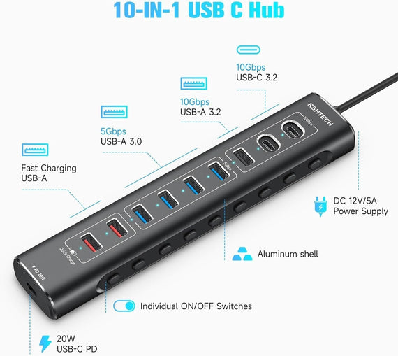 Powered 10port  USB-C & A Hub, 10Gbps USB-C and USB-A Data Ports, 4 USB 3.0 Ports, 2 Fast Charging Ports and 20W USB-C PD Port individual switch