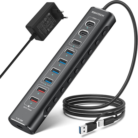 Powered 10port  USB-C & A Hub, 10Gbps USB-C and USB-A Data Ports, 4 USB 3.0 Ports, 2 Fast Charging Ports and 20W USB-C PD Port individual switch
