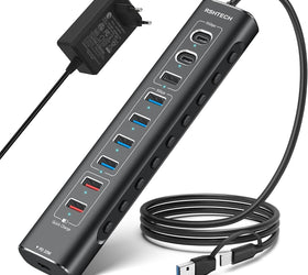 NÖRDIC Powered 10port USB-C & A Hubb, 3x10G USB-A och USB-C USB3.2 GEN2, 4x5G USB-A USB3.2 GEN1, 1xUSB-C 20W PD, 2xUSB-A laddning med individuell switch