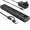 NÖRDIC Powered 10port USB-C & A Hubb, 3x10G USB-A och USB-C USB3.2 GEN2, 4x5G USB-A USB3.2 GEN1, 1xUSB-C 20W PD, 2xUSB-A laddning med individuell switch