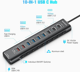 NÖRDIC Powered 10port USB-C & A Hubb, 3x10G USB-A och USB-C USB3.2 GEN2, 4x5G USB-A USB3.2 GEN1, 1xUSB-C 20W PD, 2xUSB-A laddning med individuell switch