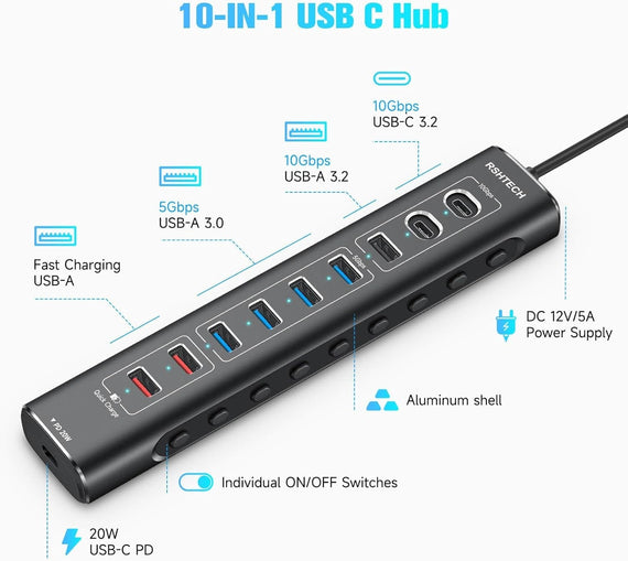 NÖRDIC Powered 10port USB-C & A Hubb, 3x10G USB-A och USB-C USB3.2 GEN2, 4x5G USB-A USB3.2 GEN1, 1xUSB-C 20W PD, 2xUSB-A laddning med individuell switch