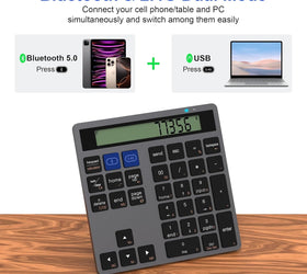 NÖRDIC Slim 34key Numeric Keypad Bluetooth with Display 2 in 1 Data Entry + Calculator for Laptop Macbook Mac Surface PC Chrome