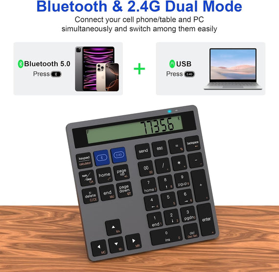 NÖRDIC Slim 34key Numeric Keypad Bluetooth with Display 2 in 1 Data Entry + Calculator for Laptop Macbook Mac Surface PC Chrome