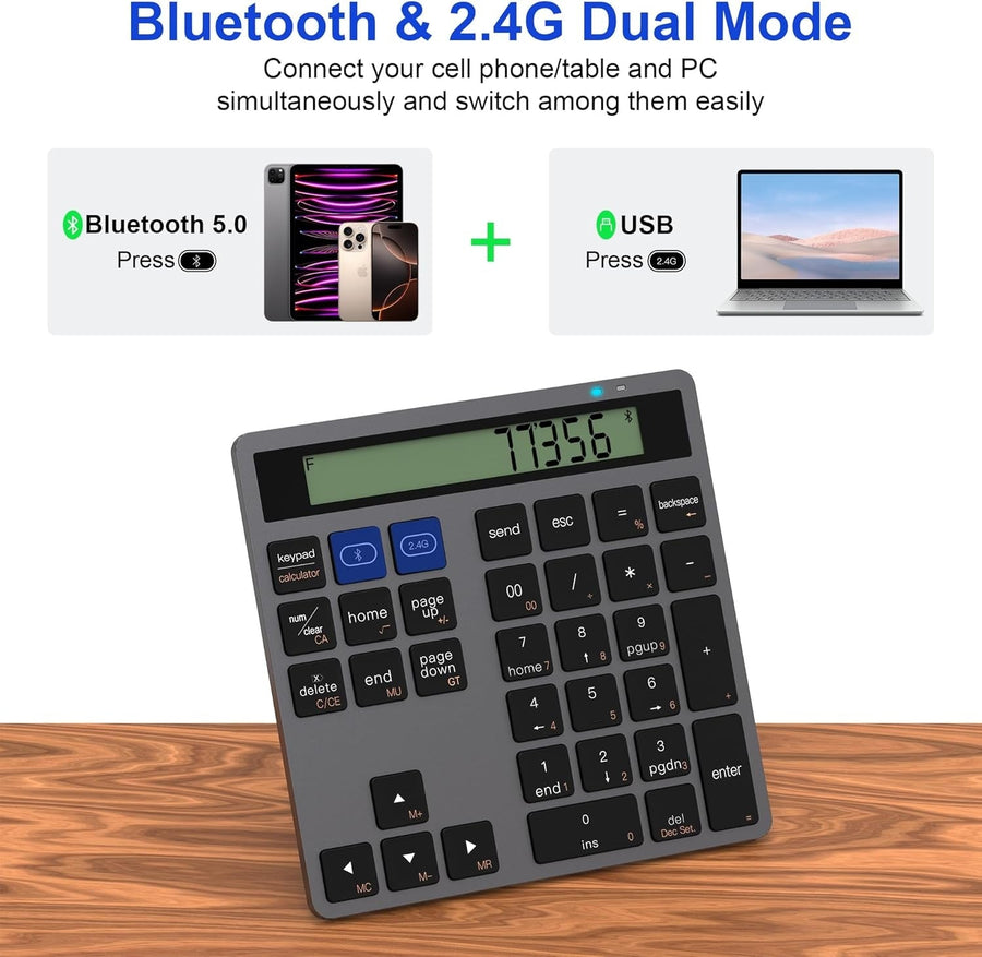 NÖRDIC Slim 34key Numeric Keypad Bluetooth with Display 2 in 1 Data Entry + Calculator for Laptop Macbook Mac Surface PC Chrome