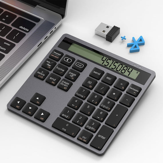 NÖRDIC Slim 34key Numeric Keypad Bluetooth with Display 2 in 1 Data Entry + Calculator for Laptop Macbook Mac Surface PC Chrome
