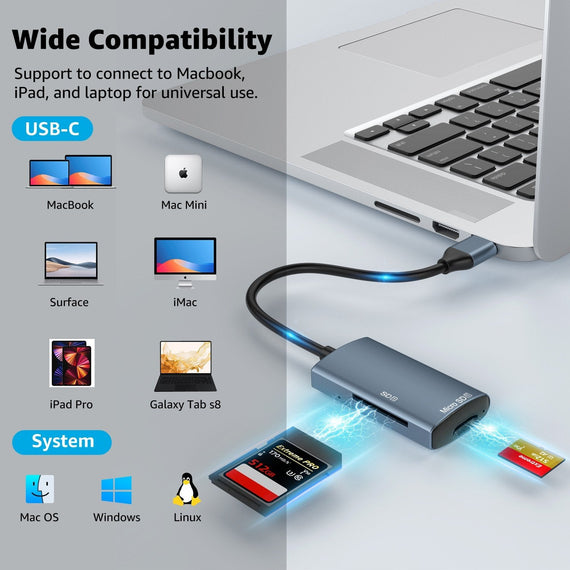 NÖRDIC USB-C 3.0 Kortläsare 2 Slot SD3.0, MicroSD3.0 UHS-I