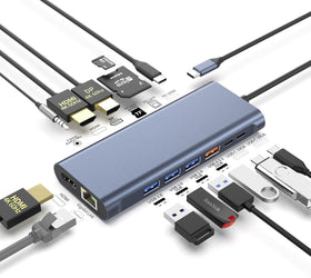 NÖRDIC USB-C 1 till 14 Dockningsstation Trippla skärmar, 2xHDMI, 1xDP, 1xUSB-C PD 100W, 2xUSB-C, 4xUSB-A, med Ethernet