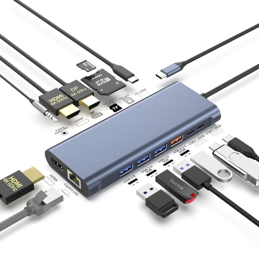NÖRDIC USB-C 1 till 14 Dockningsstation Trippla skärmar, 2xHDMI, 1xDP, 1xUSB-C PD 100W, 2xUSB-C, 4xUSB-A, med Ethernet