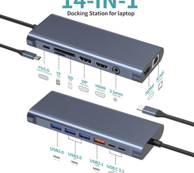 NÖRDIC USB-C 1 till 14 Dockningsstation Trippla skärmar, 2xHDMI, 1xDP, 1xUSB-C PD 100W, 2xUSB-C, 4xUSB-A, med Ethernet