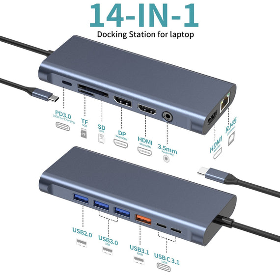 NÖRDIC USB-C 1 till 14 Dockningsstation Trippla skärmar, 2xHDMI, 1xDP, 1xUSB-C PD 100W, 2xUSB-C, 4xUSB-A, med Ethernet
