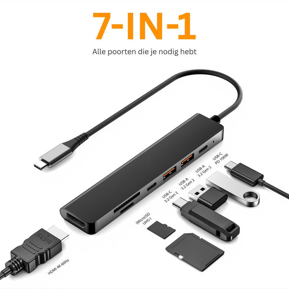 NÖRDIC USB-C 1 till 7 Dockningsstation 1xHDMI 4K60Hz 1xUSB-C PD 100W 1xUSB-C 3.2 2xUSB-A 3.2 10G 1xSD 1xMicroSD