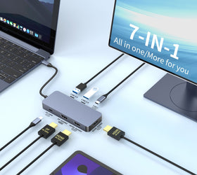 NÖRDIC USB-C 1 till 7 Dockningsstation 2xHDMI 1xDP 1xUSB-C PD100W 1xUSB-C 2xUSB-A
