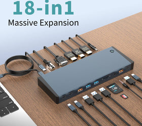 NÖRDIC USB-C Dockningsstation 1 till 18 Fyra skärmar, 2xHDMI, 1xDP, 1xVGA, 1xUSB-C PD 100W, 1xUSB-C QC, 2xUSB-C, 1xUSB-A QC3.0, 3xUSB-A, 1xGigaLAN
