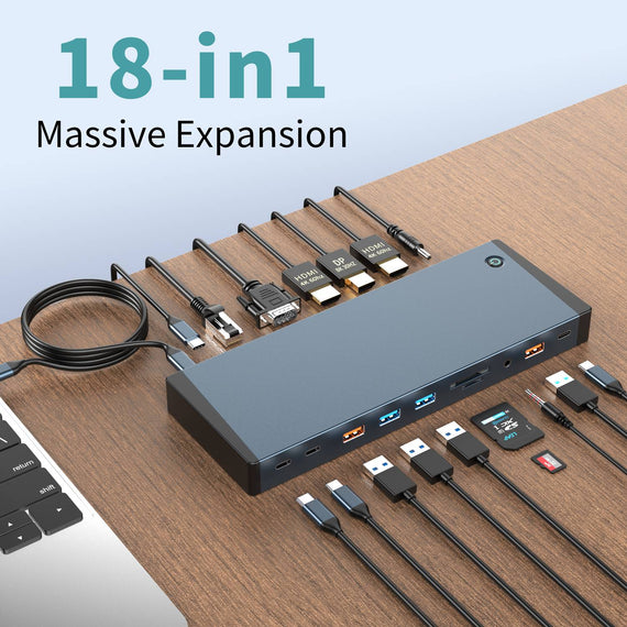 NÖRDIC USB-C Dockningsstation 1 till 18 Fyra skärmar, 2xHDMI, 1xDP, 1xVGA, 1xUSB-C PD 100W, 1xUSB-C QC, 2xUSB-C, 1xUSB-A QC3.0, 3xUSB-A, 1xGigaLAN