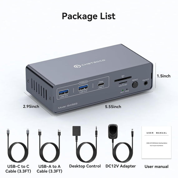 NÖRDIC USB-C Dockningsstation med KVM-switch 2 PC 2 skärmar 4K120Hz DP Gigabit Ethernet, kortläsare, 4xUSB-A och USB-C