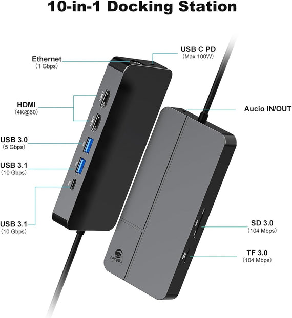 NÖRDIC USB-C Dockningstation 1 till 10 med 2xHDMI 4K60Hz 1xPD100W 1xRJ45 GigaLan 1xSD/MicroSD 2xUSB-A 1xUSB-C 1xAudio stöd  MacBook M1, M2, M3, och M4