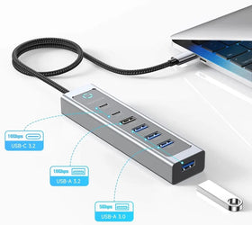 NÖRDIC USB-C Hub 2xUSB-C 10G, 1xUSB-A 10G, 4xUSB-A 5G, 60cm kabel