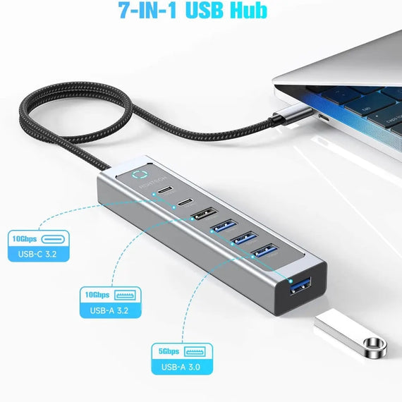 NÖRDIC USB-C Hub 2xUSB-C 10G, 1xUSB-A 10G, 4xUSB-A 5G, 60cm kabel