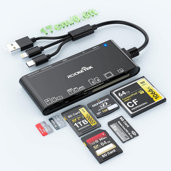 NÖRDIC USB-A, USB-C, Lightning USB3.0 Multi-Kortläsare 7 Slot 1xCF, 2xSD, 2xMicroSD, 1xMS, 1xXD UHS-I