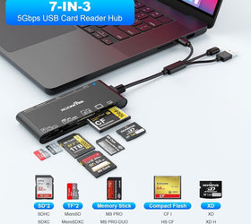NÖRDIC USB-A, USB-C, Lightning USB3.0 Multi-Kortläsare 7 Slot 1xCF, 2xSD, 2xMicroSD, 1xMS, 1xXD UHS-I