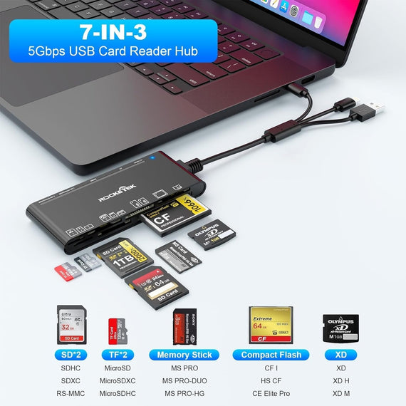 NÖRDIC USB-A, USB-C, Lightning USB3.0 Multi-Kortläsare 7 Slot 1xCF, 2xSD, 2xMicroSD, 1xMS, 1xXD UHS-I