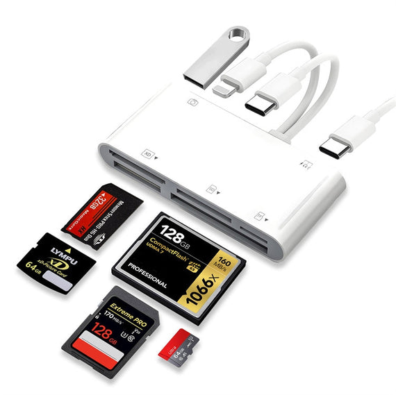 NÖRDIC USB-C/Lightning Kortläsare 5 Slot CF, SD, MicroSD, MS, XD 1xUSB-A 1xUSB-C UHS-I