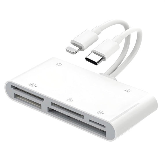 NÖRDIC USB-C/Lightning Kortläsare 5 Slot CF, SD, MicroSD, MS, XD 1xUSB-A 1xUSB-C UHS-I