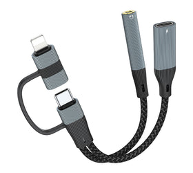 NÖRDIC USB-C+Lightning till Audio 3,5mm PD60W USB-C 15cm