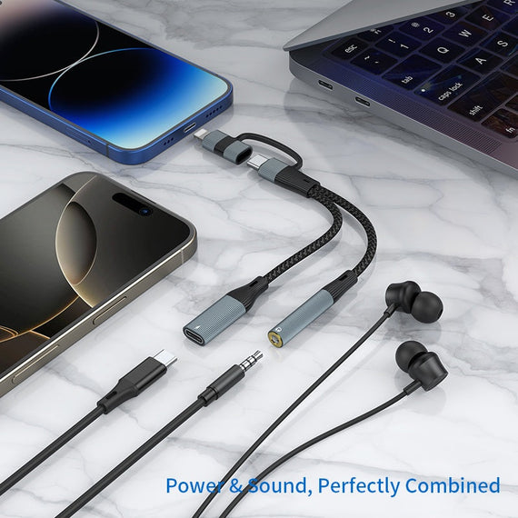 NÖRDIC USB-C+Lightning till Audio 3,5mm PD60W USB-C 15cm