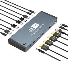 NÖRDIC USB-C DisplayLink Dockningsstation 1 till 17 Dubbla skärmar HDMI + DP, 1xUSB-C PD 100W, 1xUSB-C QC, 2xUSB-C, 1xUSB-A QC, 4xUSB-A, 1xGigaLan