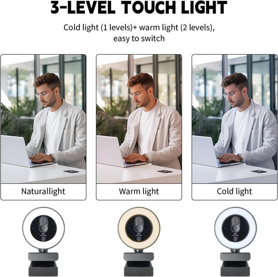 NÖRDIC HD 4K-webbkamera för PC och laptop, 360° justerbar med autofokus, 3-färgs touchbelysning för videosamtal, livestreaming och distansarbete
