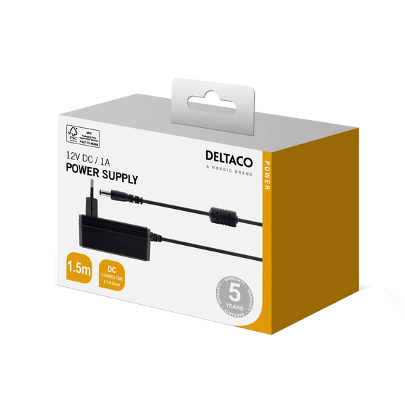 Nätadapter, 100-240V AC 50/60Hz till 12V DC, 1A, 1,5m, svart