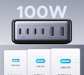 UGREEN 100W USB-C Laddstation, 6-Portars GaN Skrivbordsladdare med 4 USB-C & 2 USB-A, Smart Strömfördelning