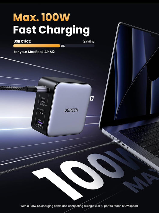 UGREEN Nexode 100W GaN USB-C 4-portars laddare, för MacBook Pro/Air, iPad Pro, iPhone 17/16/15-serien, Galaxy S25/S24, Pixel 10/9, Steam Deck, Pixelbook